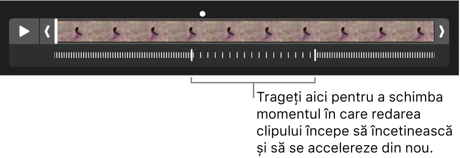 Un clip video în ralanti cu mânere pe care le puteți trage pentru a modifica locul în care redarea clipului se încetinește și se accelerează din nou.