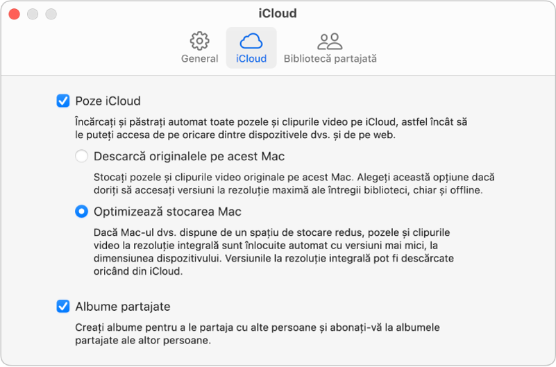 Panoul iCloud din configurările Poze.