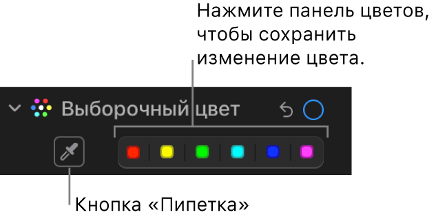 Элементы управления выборочным цветом в панели «Коррекция». Показаны кнопка «Пипетка» и области цвета.