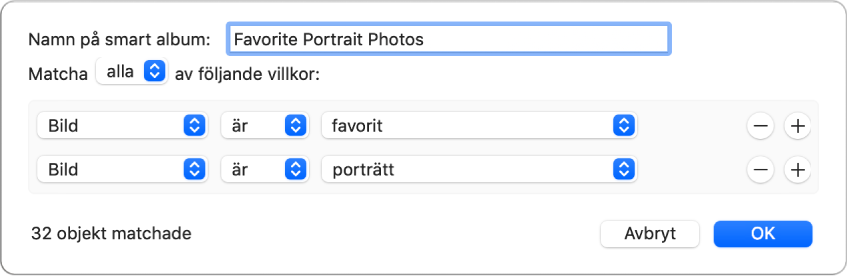 En dialogruta med villkor för ett smart album som samlar porträttbilder som har markerats som favoriter.