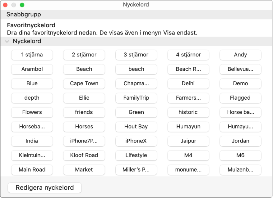 Nyckelord i fönstret Nyckelhanterare med området Snabbgrupp överst och knappen Redigera nyckelord i nedre vänstra hörnet.