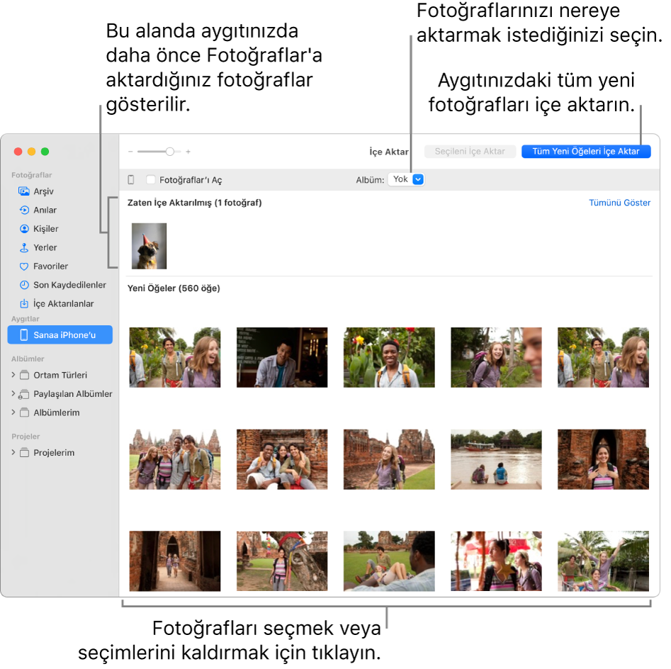 Aygıtta önceden içe aktardığınız fotoğraflar İçe Aktarma penceresinin en üstünde gösterilir; yeni fotoğraflar ise alttadır. Üst ortada Albüm açılır menüsü var. Tüm Yeni Öğeleri İçe Aktar düğmesi de en üstte sağdadır.