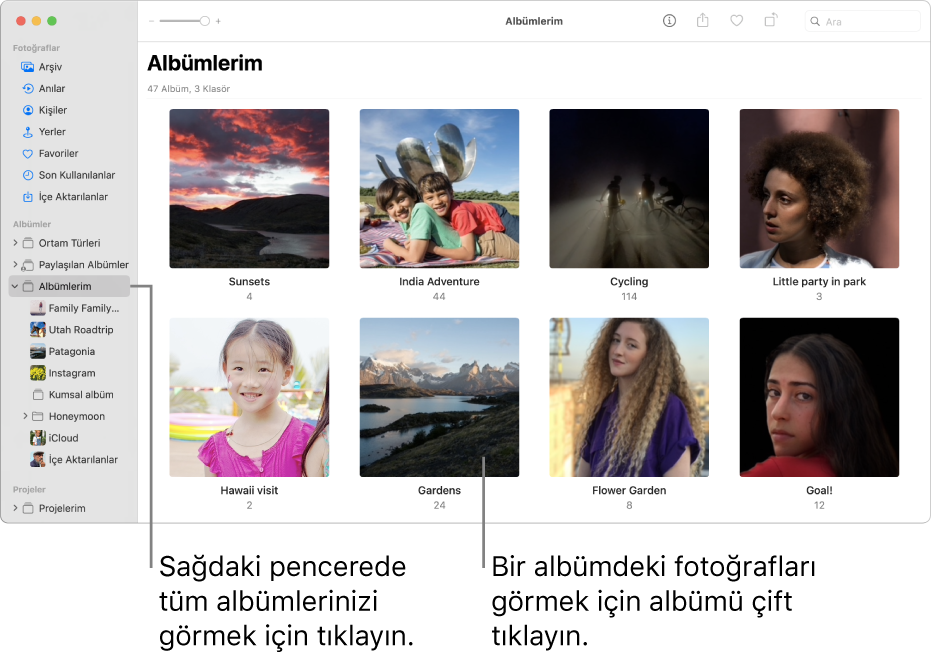 Araç çubuğunda seçilen Gün’ü ve pencerenin ana bölümünde görünen bir tarih aralığına göre düzenlenmiş fotoğrafları gösteren Fotoğraflar penceresi.