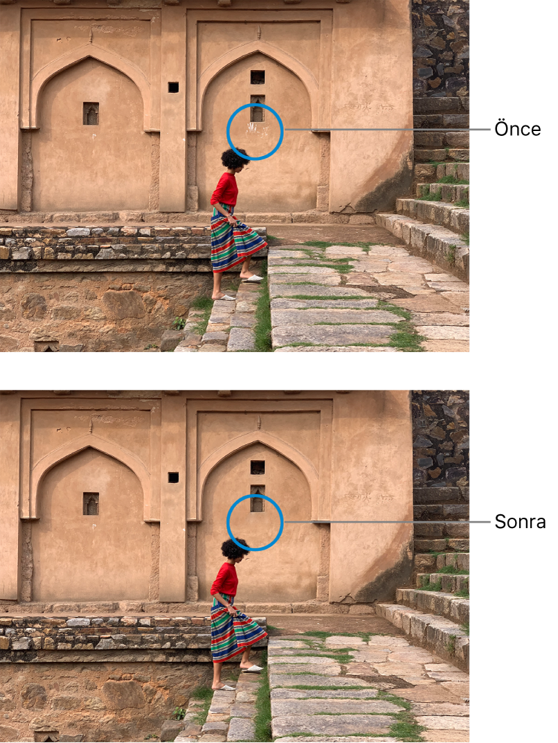 Rötuştan önce duvarda beyaz boyalı el izleri görünen ve rötuştan sonra el izi görünmeyen bir fotoğraf.