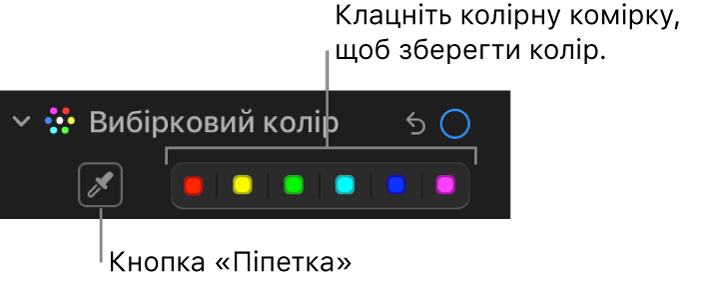 Елементи керування «Вибірковий колір» на панелі «Коригування» з кнопкою піпетки та комірками кольору.