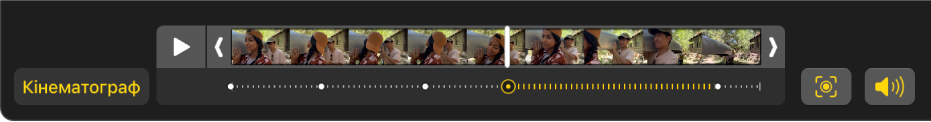 Візир кадру, у якому показано кадри відео в режимі «Кінематограф», а також кнопка «Кінематограф» ліворуч і кнопка «Аудіо» праворуч.