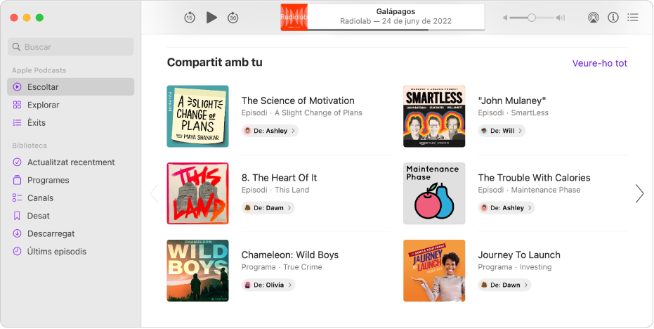 La finestra de l’app Podcasts que mostra diversos podcasts compartits amb tu.