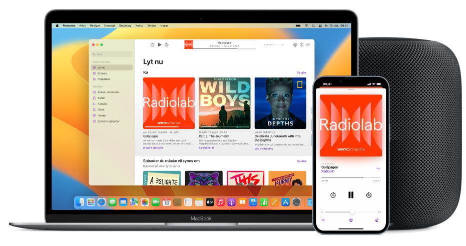 Skærmen Lyt nu i Apple Podcasts-vinduet på en Mac og iPhone med en HomePod i baggrunden.