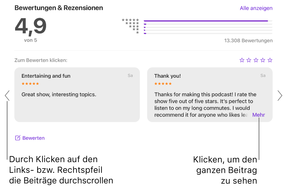Die Seite „Bewertungen & Rezensionen“ einer Sendung in der App „Podcasts“. Klicke auf den Linkspfeil und den Rechtspfeil am Rand des Bildschirms, um vorwärts oder rückwärts zu scrollen. Klicke auf „Mehr“, um eine komplette Rezension anzuzeigen.