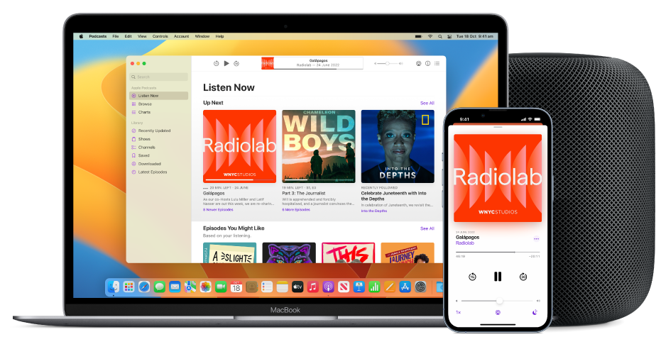 The Apple Podcasts window showing the Listen Now screen on a Mac and iPhone, with a HomePod in the background.