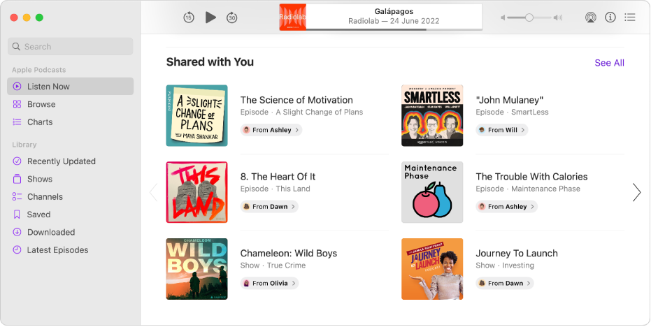 The Podcasts window showing several podcasts shared with you.