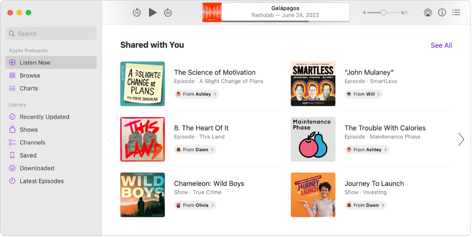 The Podcasts window showing several podcasts shared with you.