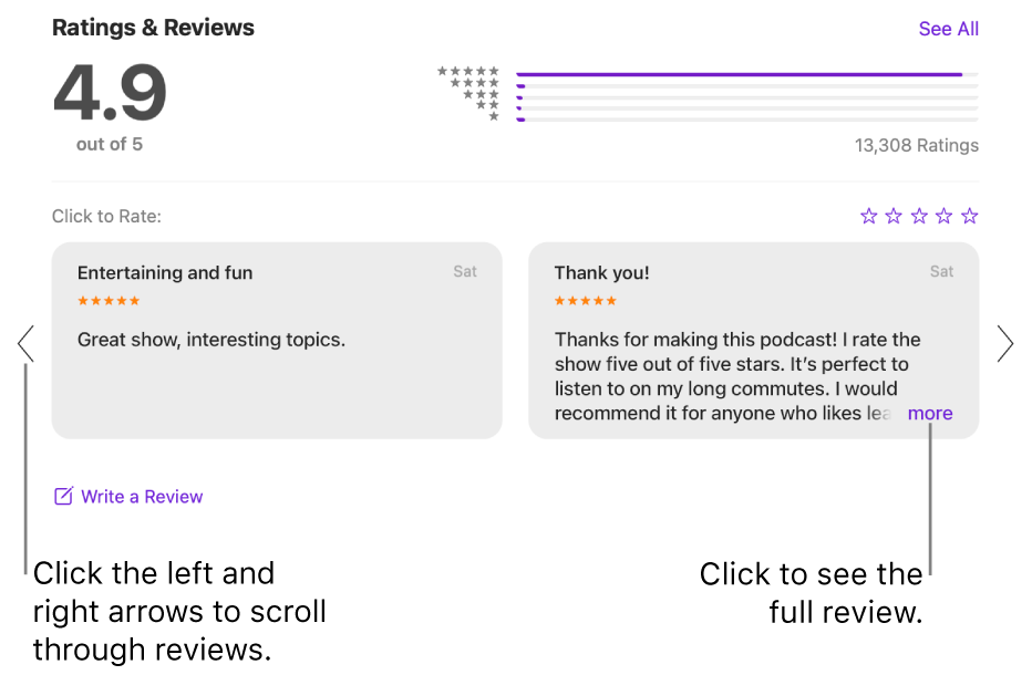 The Ratings & Reviews section for a show in Podcasts. Click the left and right arrows at the edges of the screen to scroll backwards or forwards. Click “more” to see an entire review.