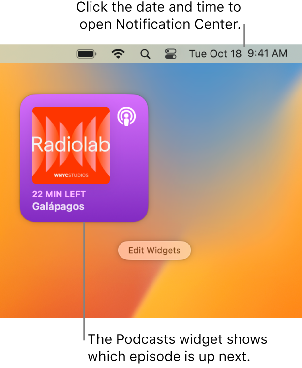 The Podcasts Up Next widget showing an episode to resume. Click the date and time in the menu bar to open Notification Center and customize widgets.