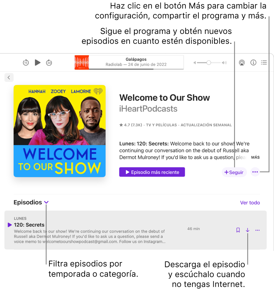 Una página de información de un podcast. Haz clic en el sotón seeguir para obtener los episodios nuevos en cuanto estén disponibles. Haz clic en el botón Más para cambiar la configuración, compartir el programa y más. Filtrar episodios por temporada o categoría. Descarga el episodio si quieres escucharlo cuando no tengas una conexión a Internet.