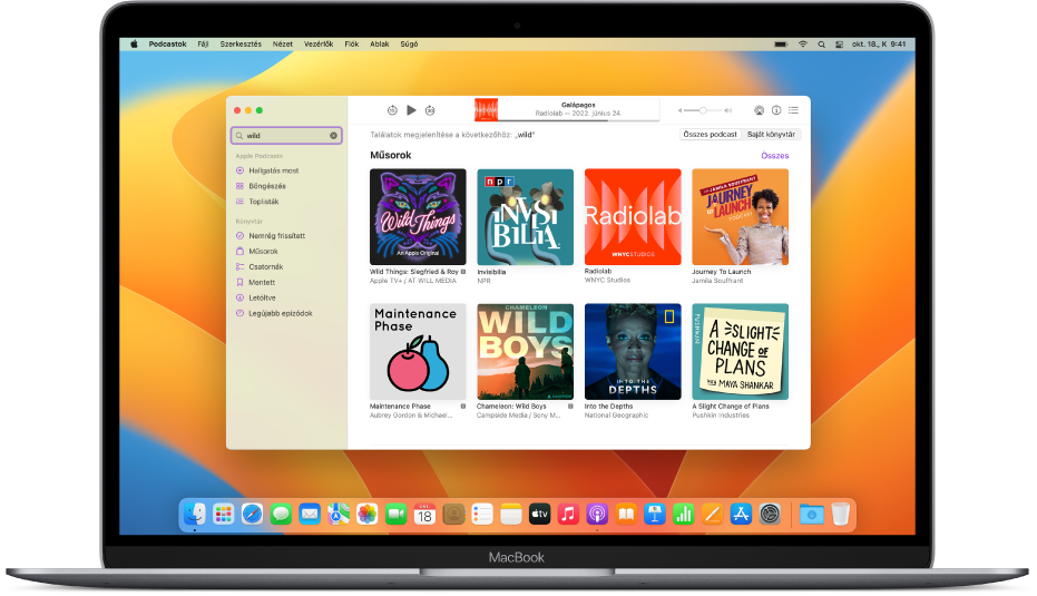 Az Apple Podcastok ablakában egy keresési feltétel és az eredmények láthatók.