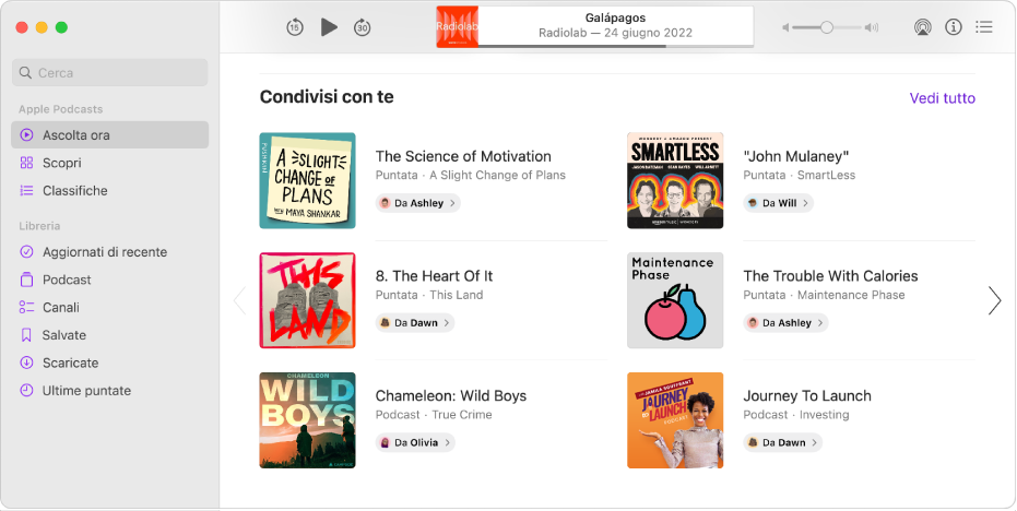 La finestra di Podcast che mostra diversi podcast condivisi con te.