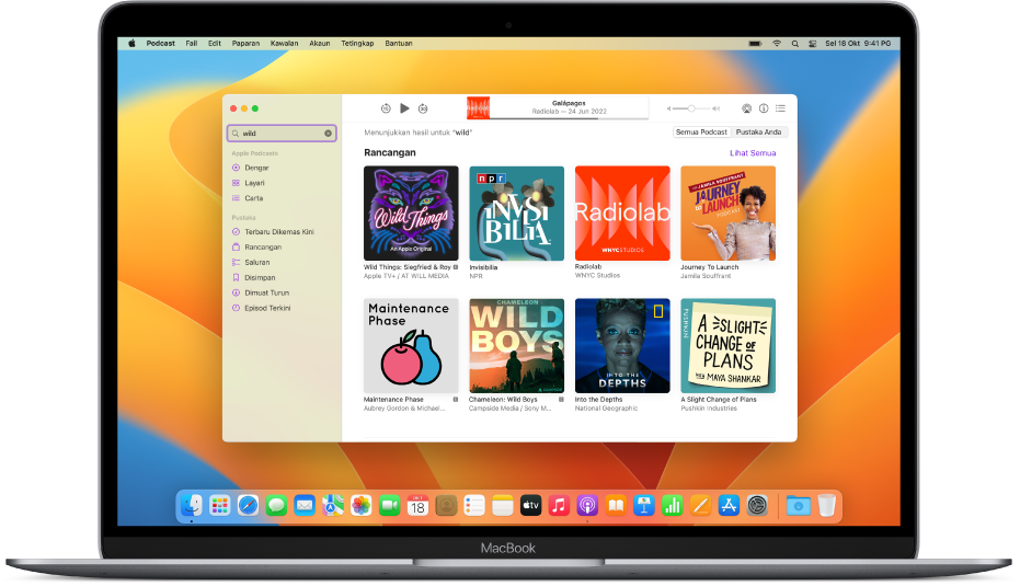 Tetingkap Apple Podcasts menunjukkan rentetan carian dan hasil.