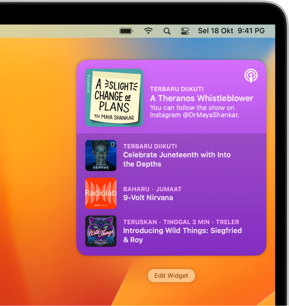 Penjuru kanan atas desktop Mac menunjukkan pemberitahuan, termasuk salah satu episod baharu yang tersedia untuk didengar dalam Podcast.
