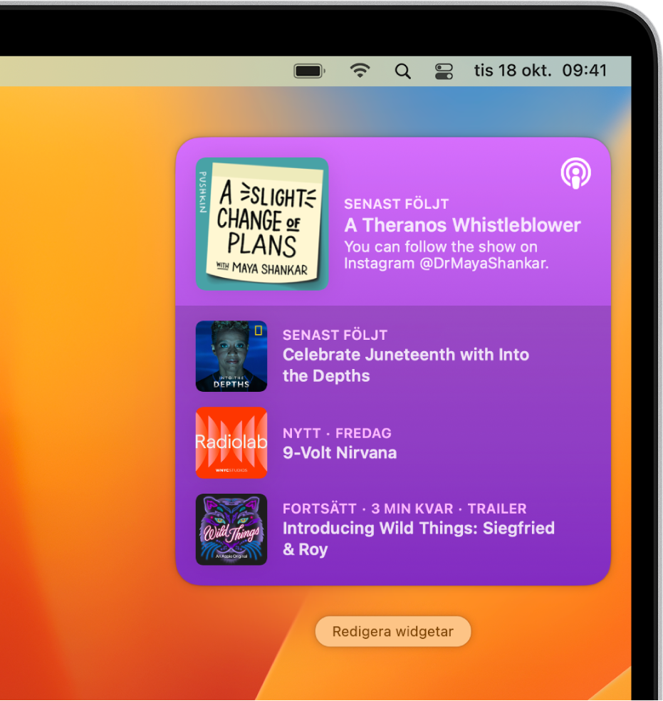 Det övre högra hörnet på datorskrivbordet med notiser, bland annat en notis om ett nytt avsnitt som finns att lyssna på i Podcaster.