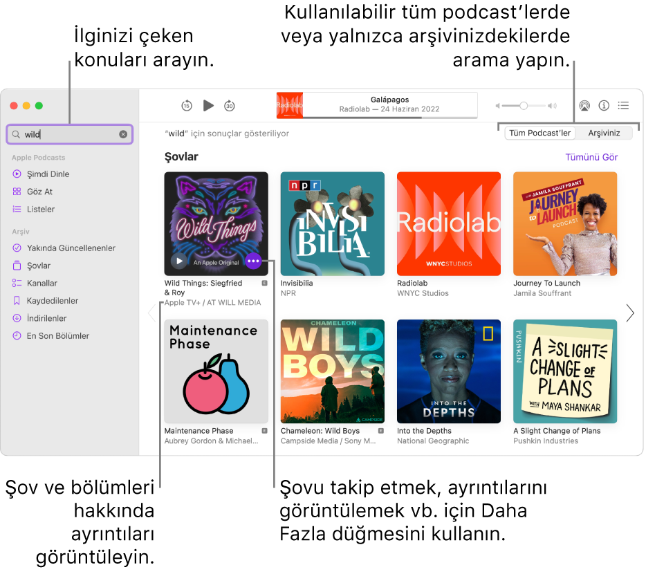 Sol üst köşedeki arama alanına metin girilmiş ve sağdaki ekranda tüm podcast’lerin aramasıyla eşleşen bölümleri ve şovları gösteren Podcast’ler penceresi. Şov ve bölümleri hakkında ayrıntıları görüntülemek için şovun altındaki bağlantıyı tıklayın. Şovu takip etmek, ayarlarını değiştirmek ve daha fazlası için şovun Daha Fazla düğmesini kullanın. 