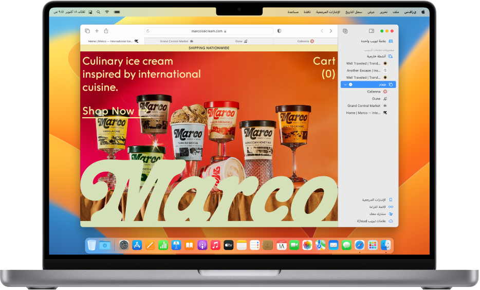 نافذة سفاري تعرض الشريط الجانبي مع تحديد مجموعة علامات تبويب.