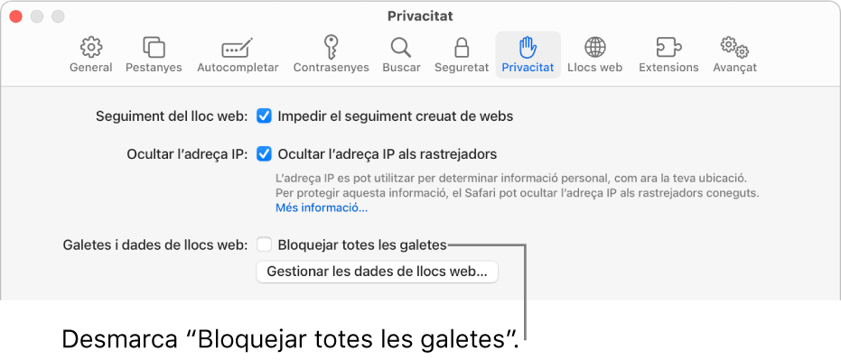 El tauler Privacitat de la configuració del Safari.