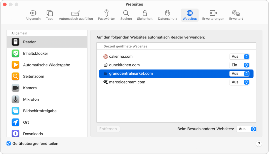 In einem Fenster werden Safari-Einstellungen für Websites angezeigt. Unter der Seitenleiste ist die Option „Geräteübergreifend teilen“ ausgewählt.