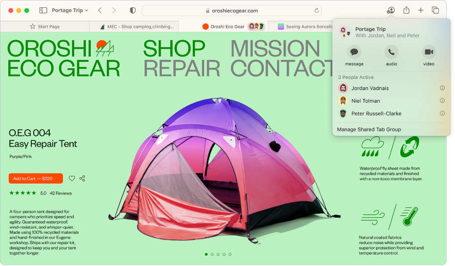 A Safari window showing a Shared Tab Group and a window listing people in the group.
