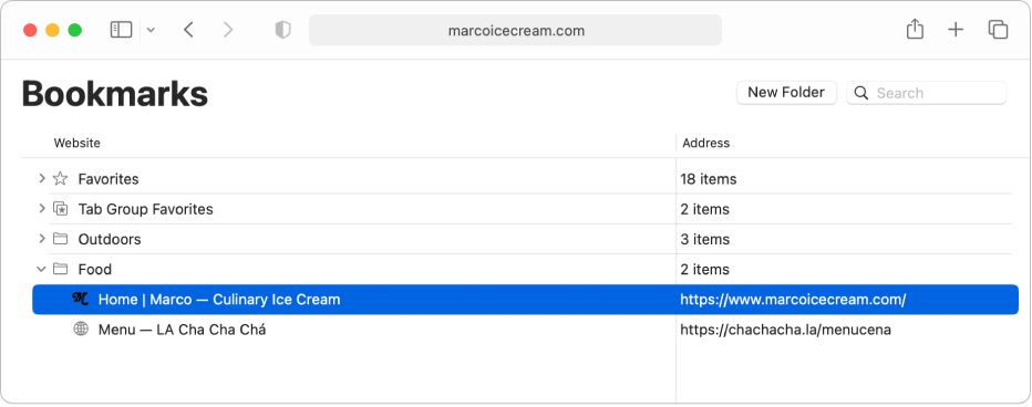 The Edit Bookmarks window in Safari.