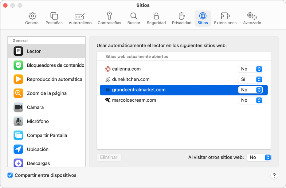 Una ventana mostrando la configuración de Safari para un sitio web, con la opción Compartir entre dispositivos seleccionada debajo de la barra lateral.