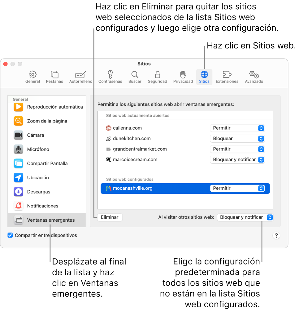 Una ventana mostrando la configuración de Safari para los sitios web con la opción Ventanas emergentes seleccionada en la parte inferior de la barra lateral, y todos los sitios web configurados seleccionados.
