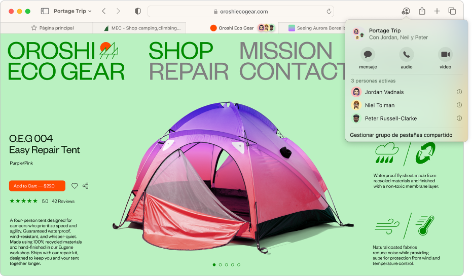 Una ventana de Safari que muestra un grupo de pestañas compartido y una ventana donde se enumeran las personas incluidas en el grupo.