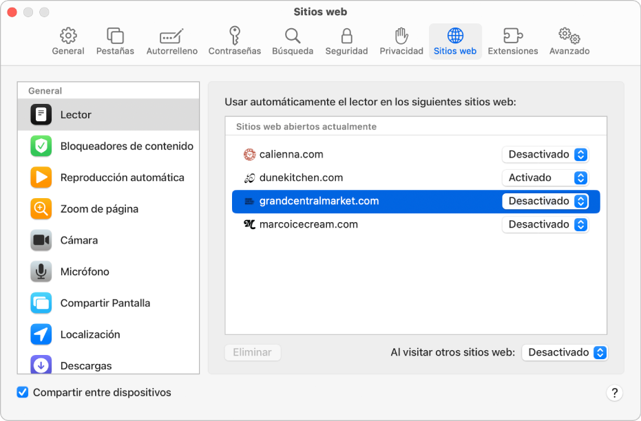 Una ventana que muestra los ajustes de Safari para los sitios web, con la opción “Compartir entre dispositivos” seleccionada debajo de la barra lateral.