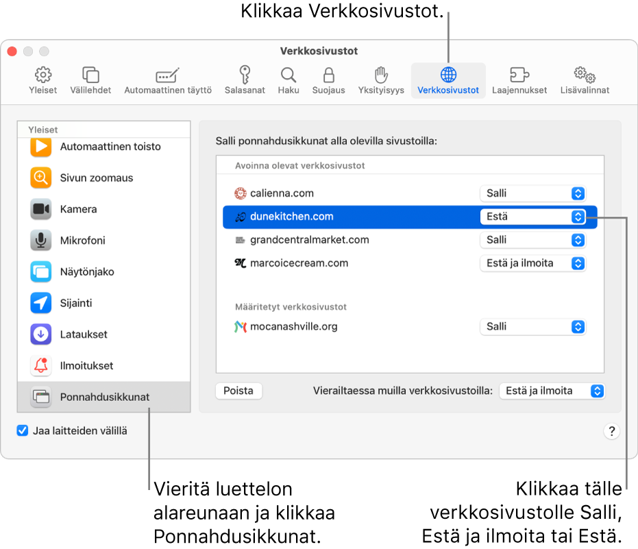 Safari-asetukset verkkosivustoille, valittuna on Ponnahdusikkunat sivupalkin alaosassa, ja tällä hetkellä avoinna oleva verkkosivusto on valittu.