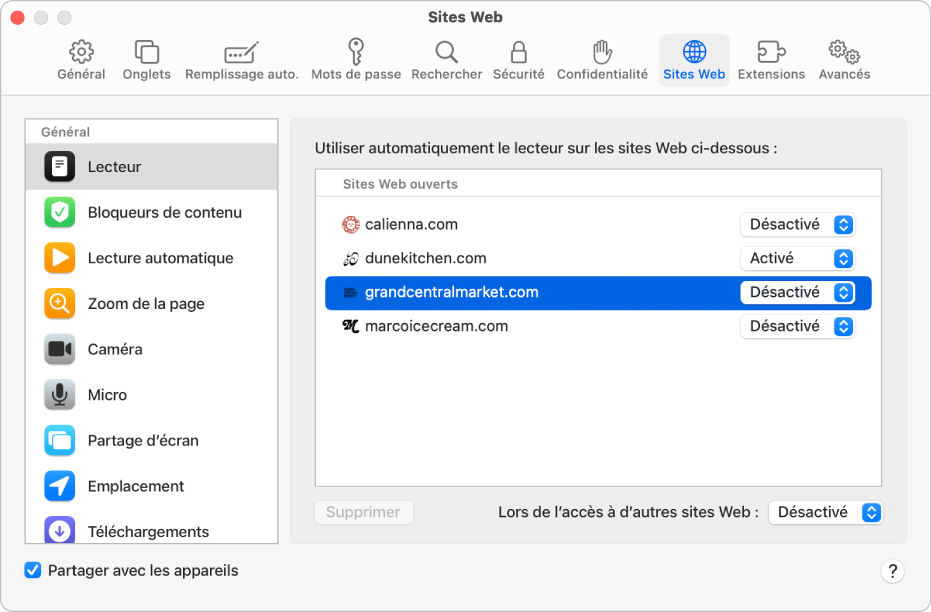 Une fenêtre affichant les réglages Safari des sites Web, avec l’option « Partager avec les appareils » sélectionnée sous la barre latérale.