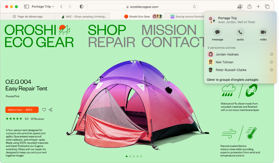 Une fenêtre Safari affichant un Groupe d’onglets partagés et une fenêtre qui répertorie les personnes du groupe.