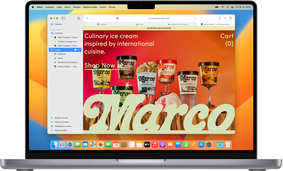 Prozor aplikacije Safari s prikazom rubnog stupca s odabranom opcijom Grupa kartica.