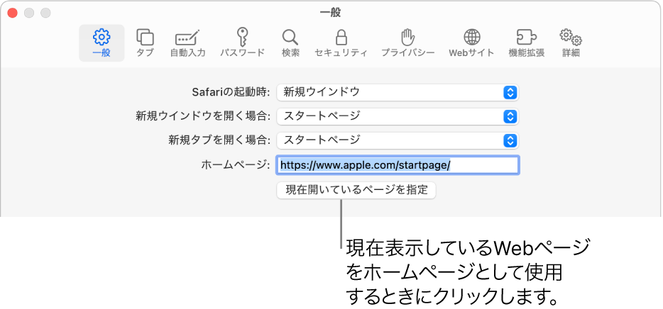 Safariの設定の「一般」パネル。「ホームページ」フィールドが選択されています。