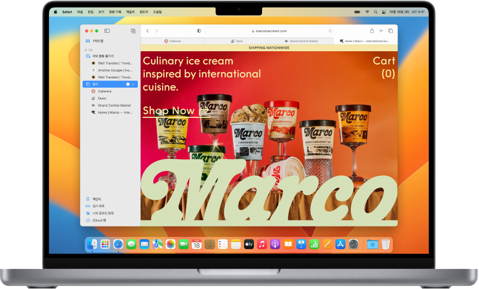 탭 그룹이 선택된 사이드바가 표시된 Safari 윈도우.