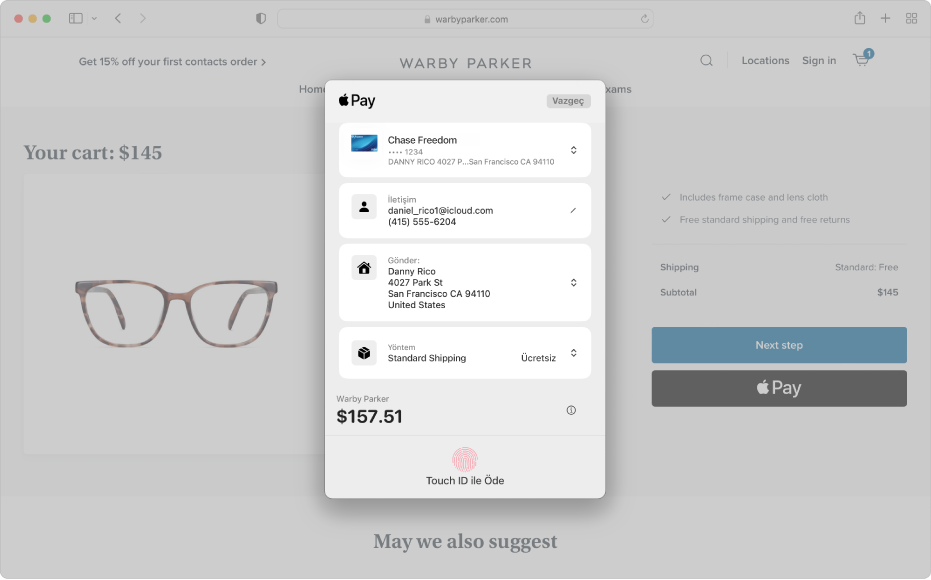 Apple Pay’e izin veren popüler bir alışveriş sitesi ve hangi kredi kartının faturalandığı, gönderim bilgileri, mağaza bilgileri ve satın alma fiyatını içeren satın alma ayrıntıları.