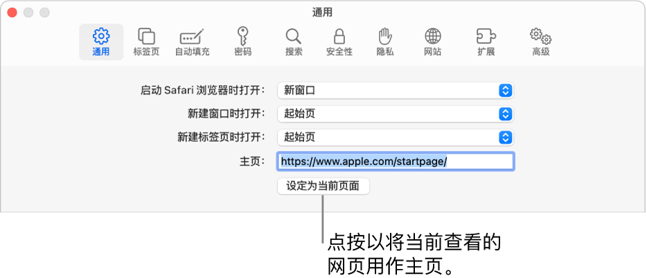 Safari 浏览器设置的“通用”面板，其中已选择主页栏。