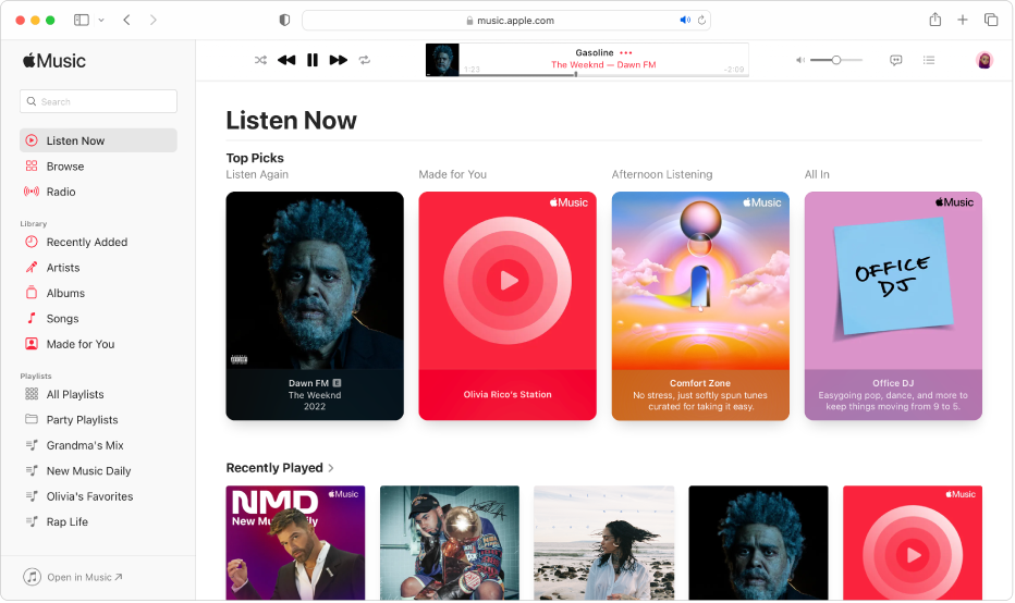 The Apple Music window in Safari showing Listen Now.
