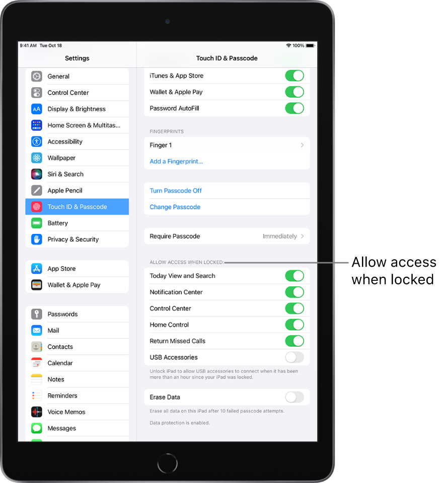 Touch ID & Passcode settings, with options for allowing access to specific features when iPad is locked.