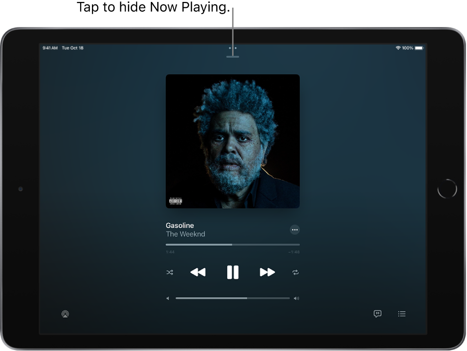 The Now Playing screen showing the album art. Below are the song title, artist name, More button, playhead, play controls, volume slider, Playback Destination button, Lyrics button, and Queue button. The Hide Now Playing button is at the top.