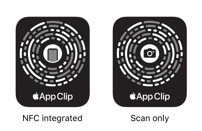 On the left, an NFC-integrated App Clip Code with an iPhone icon in the center. On the right, a scan-only App Clip Code with a camera icon in the center.