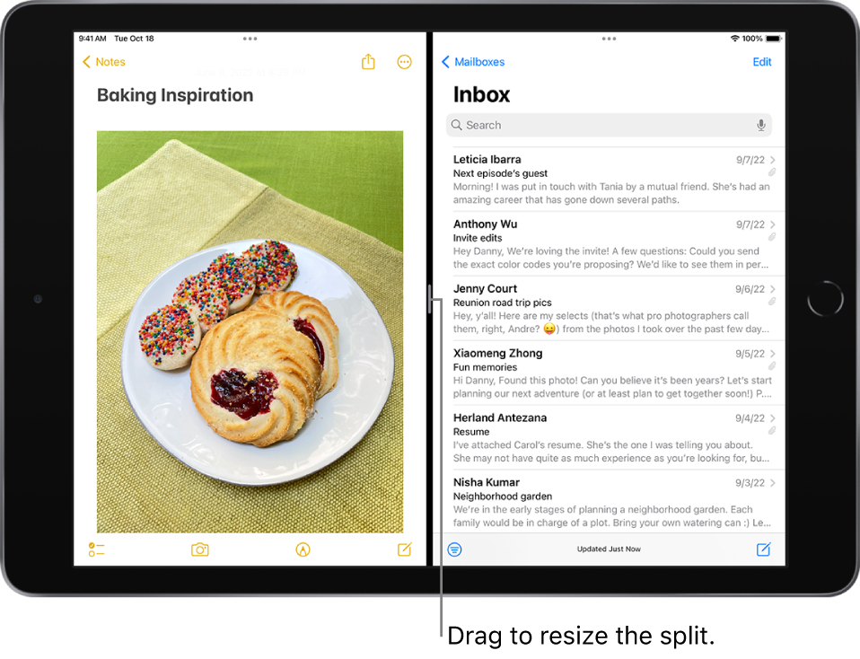 The Notes app is open on the left side of the screen, and Mail is open on the right side. Between the apps is an adjustable divider used to resize the split.