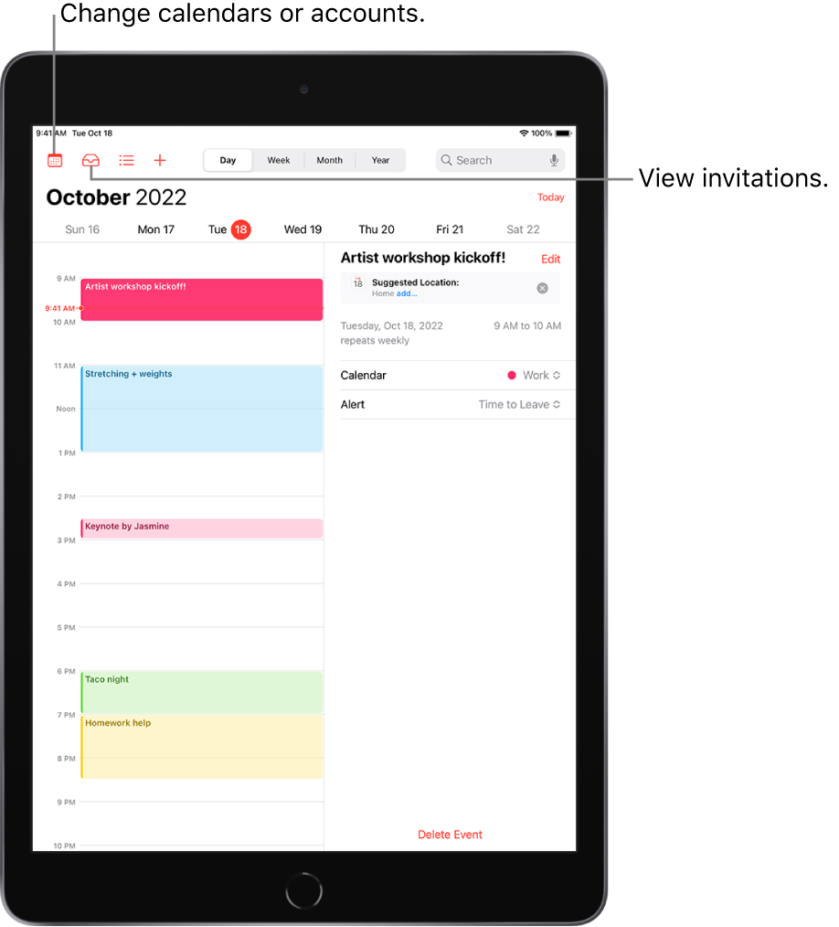 A calendar in Day view. The buttons at the top center let you change the view between Day, Week, Month, and Year. The Calendars button at the top left lets you change calendars or accounts. The Inbox button near the top left lets you view invitations.