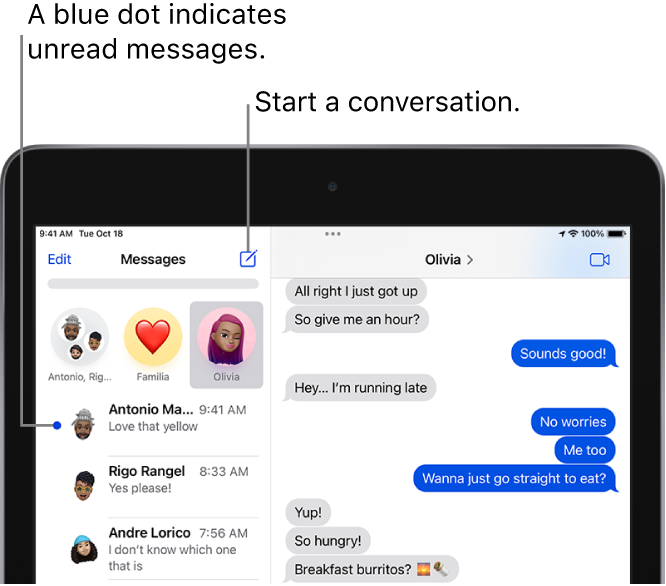 The Messages list, with the Edit button at the top left and the switch to FaceTime button at the top right. A blue dot to the left of a message indicates it’s unread.