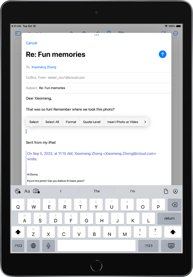 A draft email being composed with options for adding attachments visible above the keyboard. There are options for editing text, changing the format, inserting images and photos, inserting a saved file, or drawing in the email.